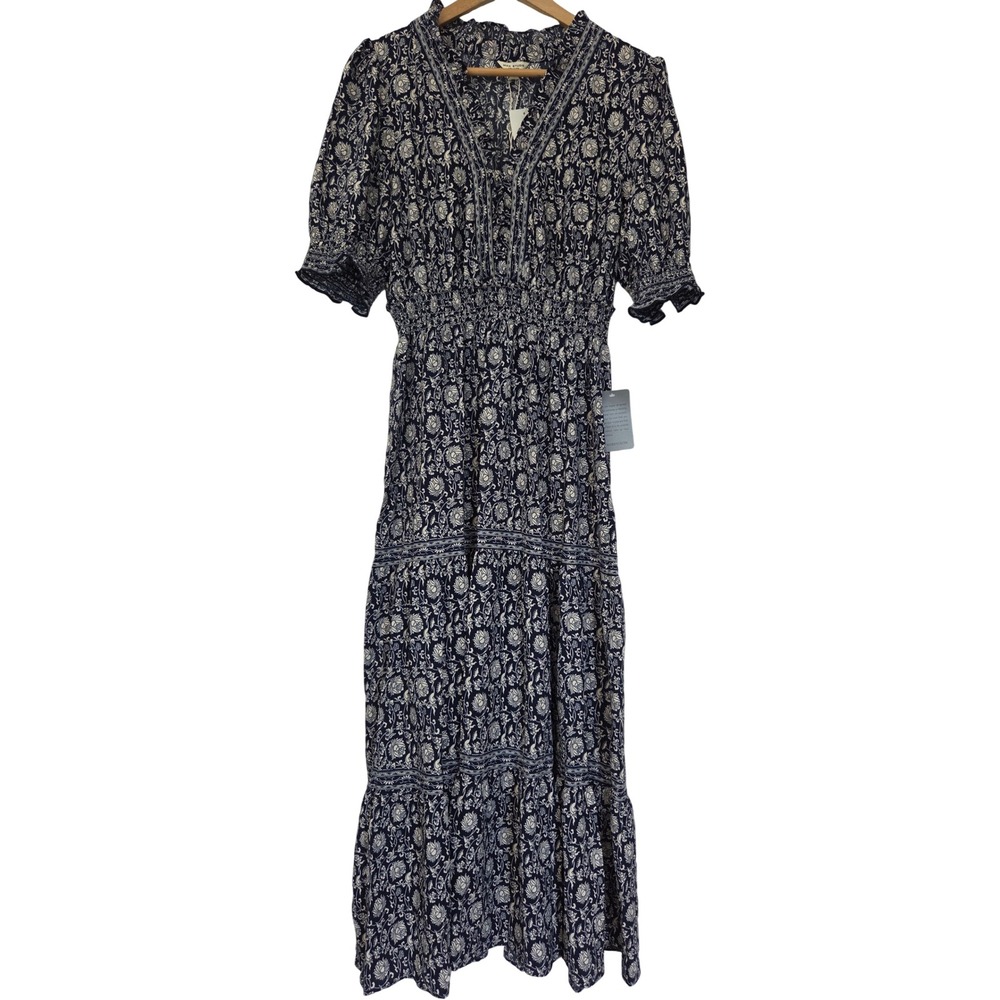 Max Studio London Maxi Dress Tiered Ruffle Neck Floral Womens XL Navy NWT $148